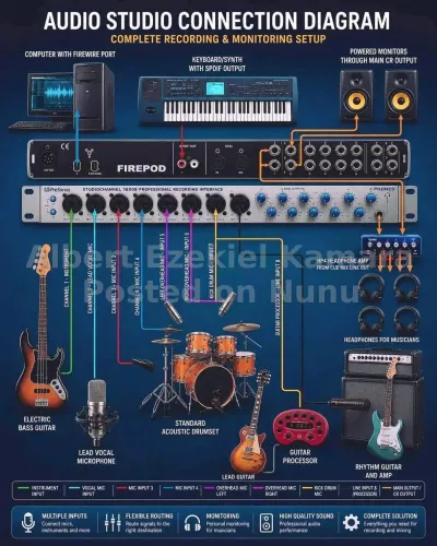 Seven drum, keyboards, speakers, lights